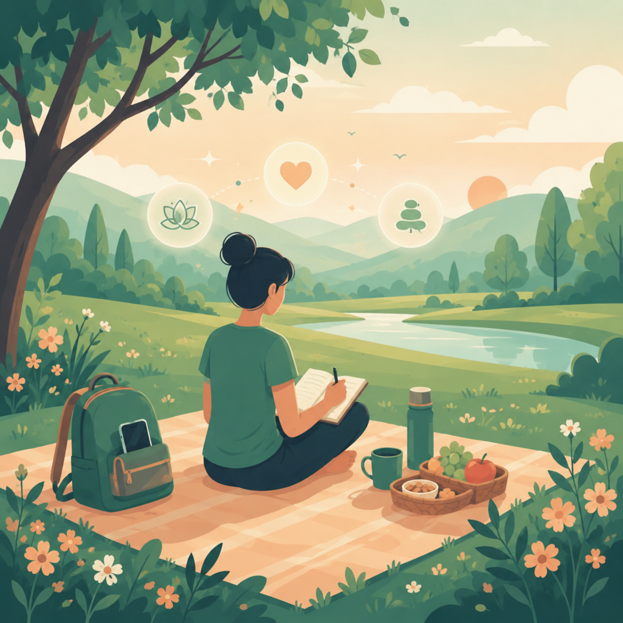 Woman journaling outdoors by a river, finding balance and presence