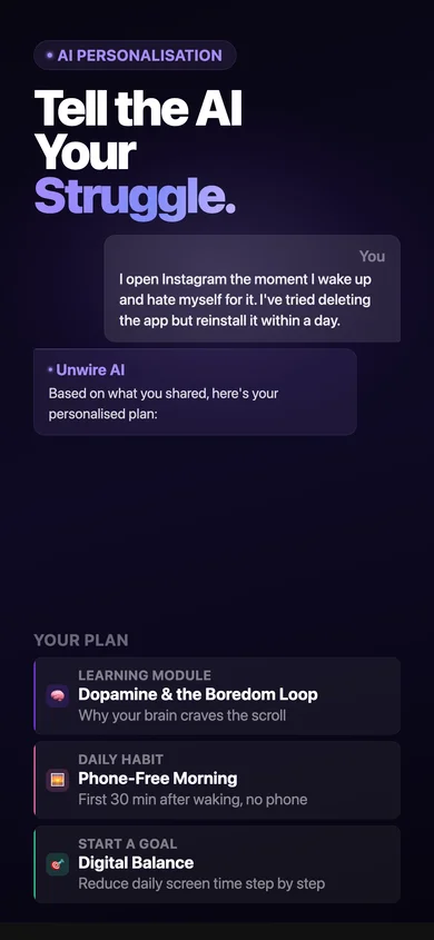 Unwire AI personalisation — tell the app your struggle and get a custom plan