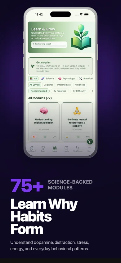 Unwire Learn tab — 75+ science-backed modules on digital addiction, dopamine, and sleep