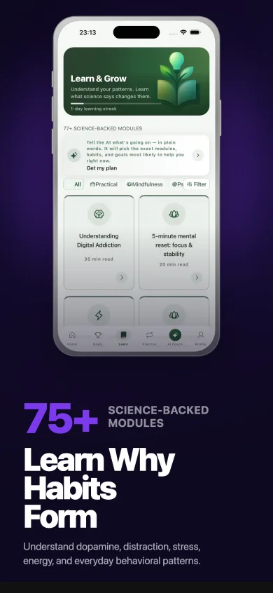 Unwire Learn tab — 75+ science-backed modules on digital addiction, dopamine, and sleep