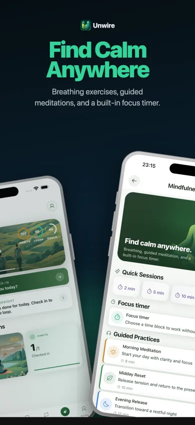 Unwire mindfulness screen — guided meditations, breathing exercises, and focus timer